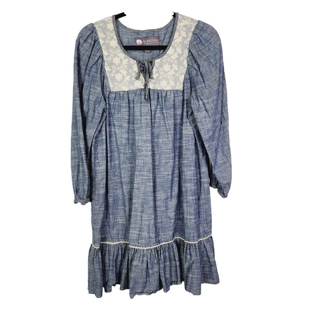 Elestory blue chambray peasant‎ dress floral pattern lace detail Cotton Medium